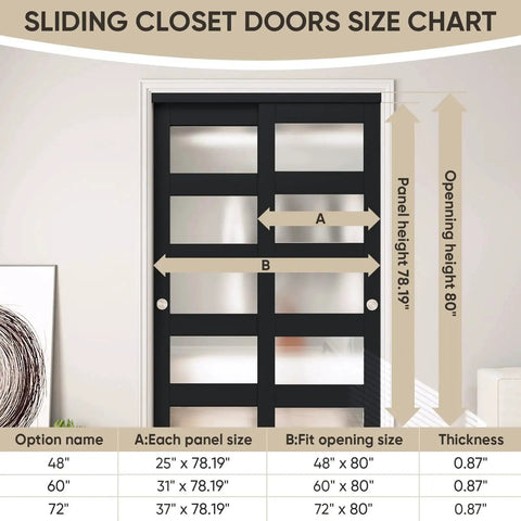 60-Inch By 80-Inch Sliding Closet Door With 5-Lite Frosted Glass Bypass, Hardware Kit And Matching Fascia in black finish shown installed.