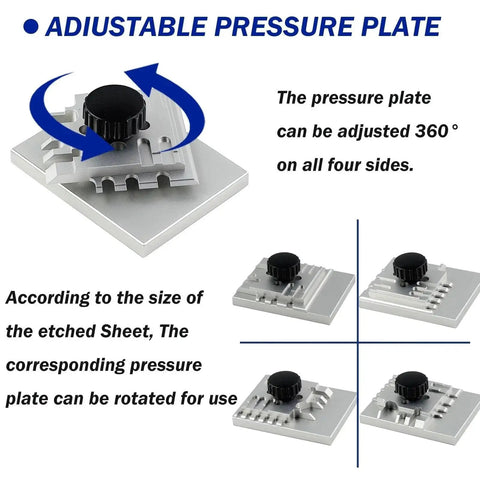 Photo Etched Parts Bender For Model Making And Diy Projects Lightweight Alloy Metal Bending Tool With Adjustable Angles And Built In Vise for precise etching part bending, showing 360° adjustable pressure plate.