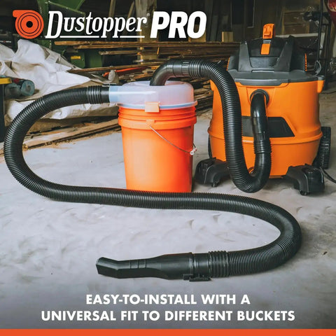 Low Profile Dust Separator Pro Grade For Your Shop Vacuums With High Flow 90 Degree Sweep Elbows And Connection Hose Fits Standard 5 Gallon Buckets Made In USA connected to a shop vacuum