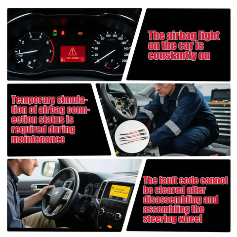 SRS warning light resistor kit (3-piece) for airbag bypass; collage shows dashboard warning lights, wiring installation, and steering wheel work.