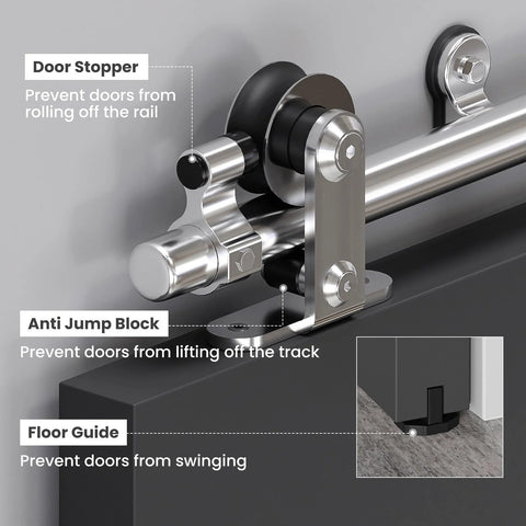 Top Mount Sliding Barn Door Hardware Kit For Double Doors, 7 Feet Stainless Steel Track And Hardware Set with door stopper and roller