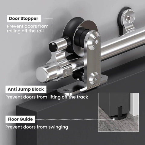 Close-up of 10 Ft Top Mount Sliding Barn Door Hardware Kit With Stainless Steel Track And Roller System, showing door stopper, anti jump block, and floor guide.