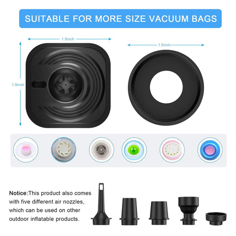 Portable cordless electric vacuum pump for vacuum storage bags; black unit with five nozzle adapters.