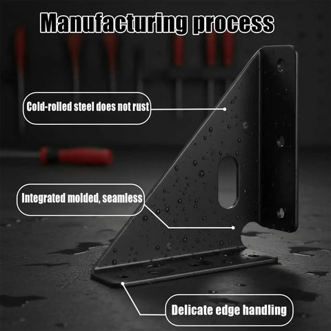 Built Tough Heavy Duty Gusset Joint Set showing cold-rolled steel, seamless mold, and delicate edge handling for reinforcement and support.