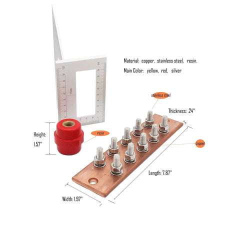 Wall Mounted Copper Ground Bar Kit With Ten Terminal Positions For Quick Multi Point Grounding, Heavy Duty Copper Busbar Measures 0.24 By 1.97 By 7.87 Inches, Preassembled Brackets And Insulators For Easy Install, Corrosion Resistant.
