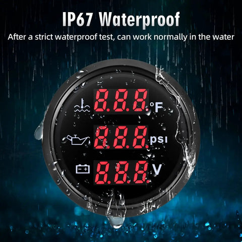 IP67 waterproof All In One 52mm 2-1/16 Inch Triple Gauge Kit with digital oil pressure, water temperature, and volt display.
