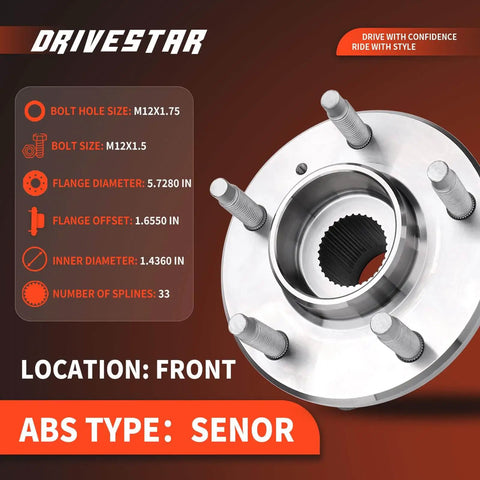 Front view of 513121-2P Pair Front Wheel Hub and Bearing Assembly 5-Lug ABS Sealed showing bolt sizes and flange dimensions