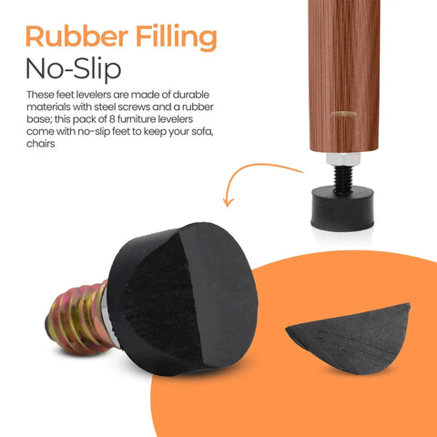 8 Pack Rubber Adjustable Furniture Leveler Feet For Tables And Chairs, showing rubber base and M8 threaded screw for stability