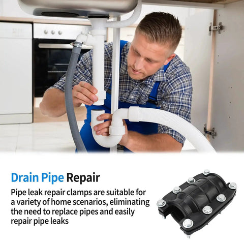 Man repairing drain with Emergency Pipe Repair Clamp Kit For Water Leaks One And A Quarter Inch Fits Plastic And Metal Pipes On The Go