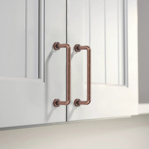 Six Pack Antique Copper Cabinet Pulls Three And Three Quarters Inch Center To Center Vintage Kitchen Hardware installed on cabinet doors