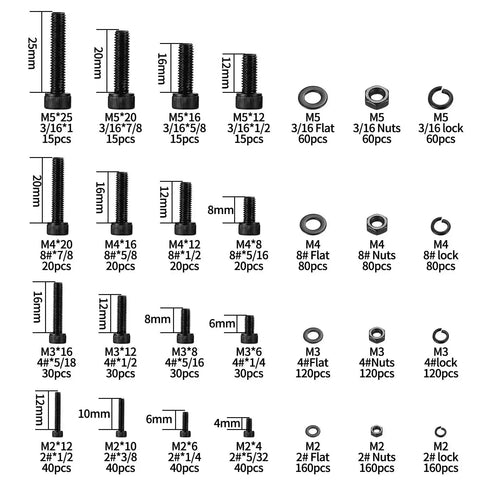 All In One 1680 Pcs Metric Hex Bolts And Nuts Set M2 To M5 With Washers And Black Finish, Hex Socket Cap Screws layout