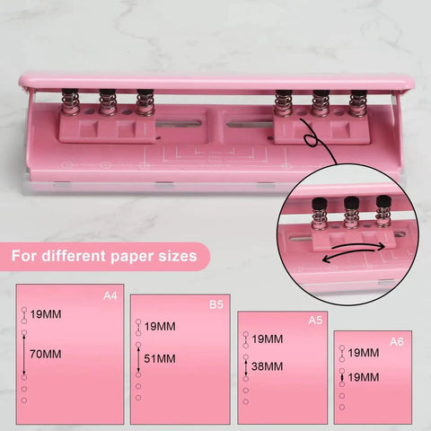 Adjustable 6 Hole Punch for A4 A5 A6 personal and pocket planners, durable metal construction, pink, with ruler and hole guide shown.