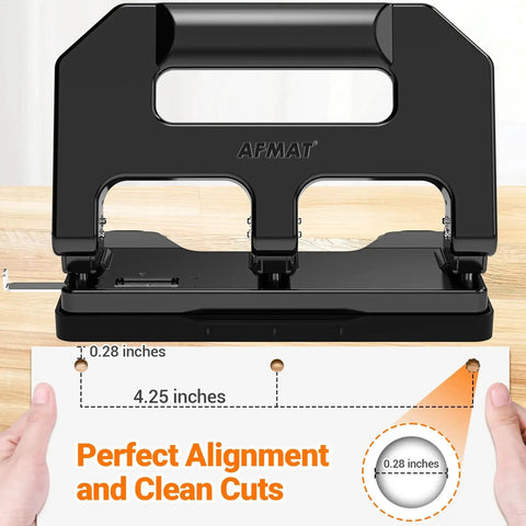 Heavy Duty 3 Hole Puncher For Binders With 40 Sheet Capacity, image showing front view and hole dimensions chart