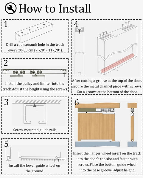 Installation steps for Heavy Duty Sliding Door Track Kit with Side Mounted Hardware for Barn Style Doors, showing guide rails and hangers.