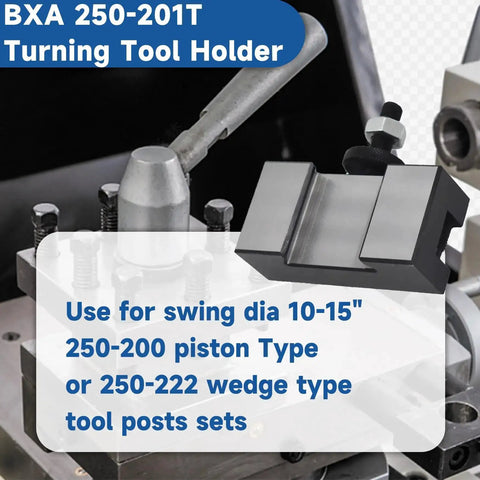 Oversize BXA 250-201T Turning Tool Holder for CNC lathes in use, showing 3/4-inch bit capacity and precision ground surface.