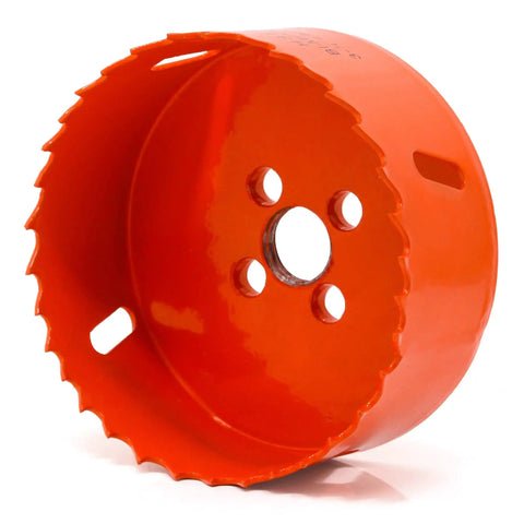 Close-up of orange Three And A Quarter Inch Hole Saw With Arbor And Drill Bit M42 Bi Metal Cutter for wood, metal, plastic, drywall.