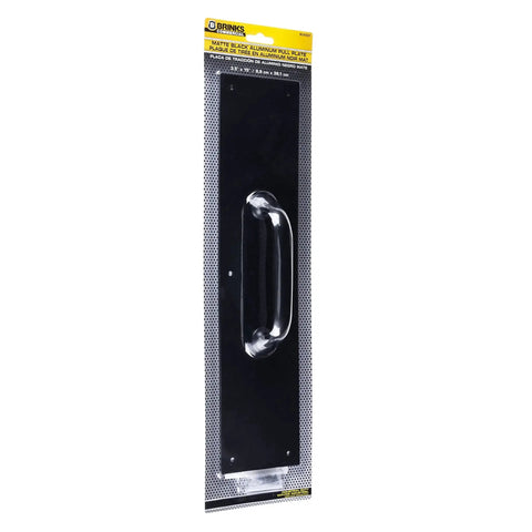 Commercial 15 Inch Stainless Steel Pull Door Plate In Matte Black Finish, packaged view, showing pre-drilled holes for mounting.