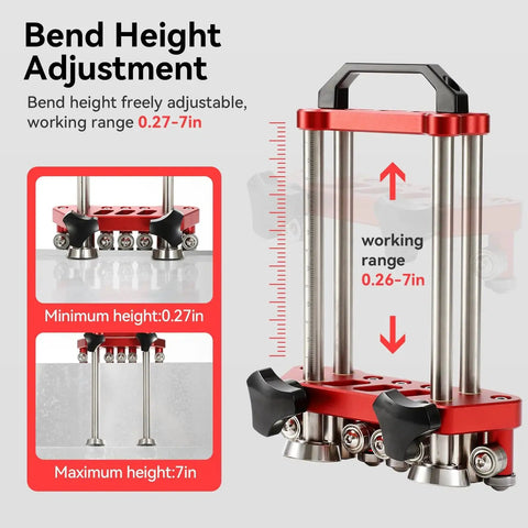 Sheet Metal Roller And Two Station Bender For Metal Roofing Tools And Fabrication 0 To 100 Degree Bends Lightweight Portable 7 Inch Large Roller shown with bend height adjustment feature and measurement scale