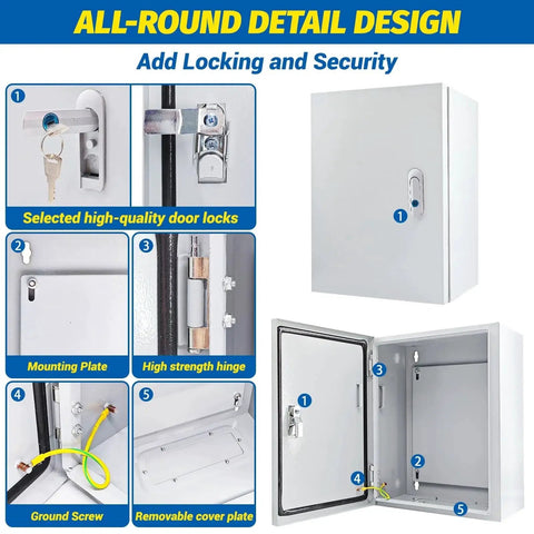 Heavy Duty Steel Electrical Box 16 X 12 X 8 Inches NEMA 4X Weatherproof Junction Enclosure with locking, mounting plate, and security features