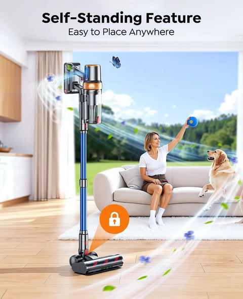 Cordless stick vacuum cleaner, blue wand, self-standing design, 650W for pet hair, floors, carpets