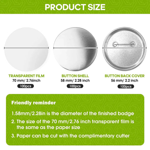 Bulk 300 Pcs 58mm Button Maker Supplies Kit With Blank Rounds, Metal Pin Backs, Metal Covers, Clear Film, And 58mm Button Parts shown in size display