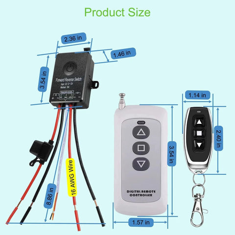 Waterproof Remote Forward Reverse Switch For 12V To 72V Systems with controller and key fob, showing dimensions and wiring
