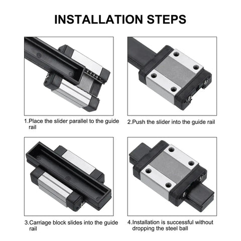 Installation steps for MGN12H Stainless Steel Sliding Carriage Block With Plastic Anti Fall Strip For 12mm Linear Motion Slide Rail Guide.