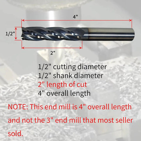 Image of an Extra Long Half Inch Solid Carbide End Mill Square End 4 Flute 2 Inch Length Of Cut 4 Inch Overall Length AlTiN Coated