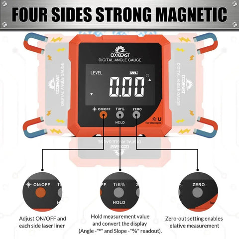 Top view of Pro Grade Digital Angle Finder With Laser Four Side Magnetic Digital Angle Gauge showing controls and display.