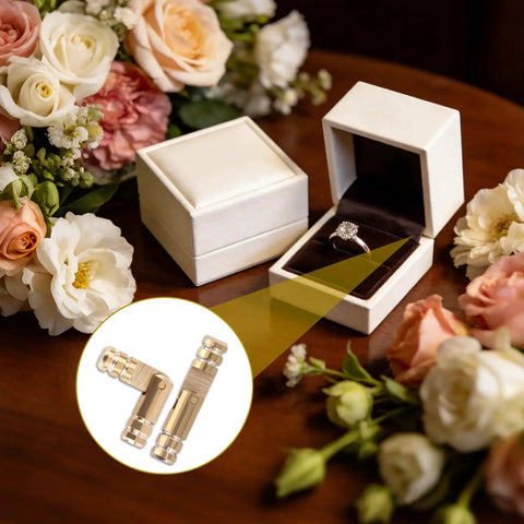 Premium 30 Pcs Brass Hidden Cylinder Hinges Mini Barrel Hinges 20x4mm for Jewelry Box, displayed on a wooden surface among flowers.