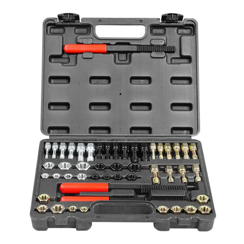 Open case displaying a 49 Piece Thread Restorer Set With Heat Treated Steel Taps Dies UNC UNF Metric, organized neatly.