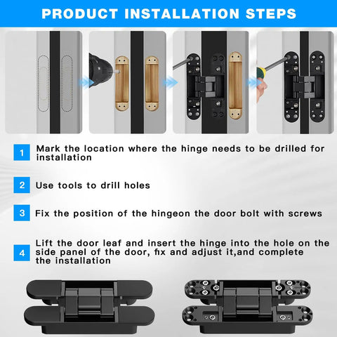 Installation steps and process for Hidden Door Hinges 7 Inch Set Heavy Duty Concealed Hinges Adjustable 180 Degree 3D