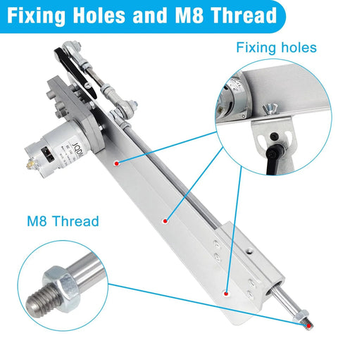 24V Reciprocating Linear Actuator With Telescopic Stroke 1.18 To 6 Inches, 120 RPM High Torque Up To 40 Lbs, fixing holes and M8 thread visible