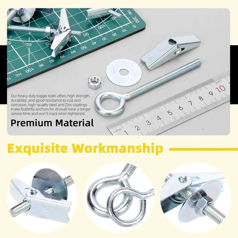 Close-up of 18Pcs M4 M5 M6 Eye Bolt Toggle Bolts Assortment Kit with eye hooks, ruler, and spring-wing anchors for drywall and concrete.