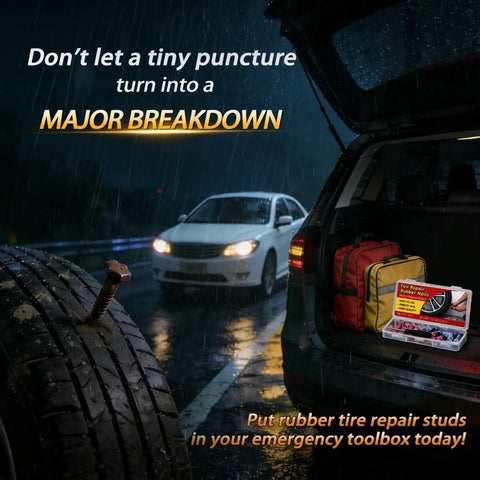 Car trunk showing 60 Piece Tire Repair Screws Kit For Tubeless Tires With Two Sizes, scene of car, tire, and rain