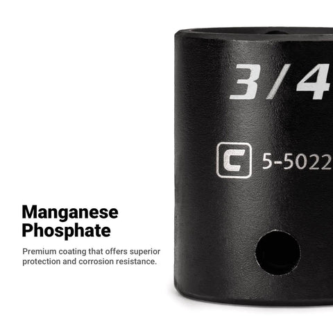 Close-up view of the Beefy Fifteen Sixteenths Inch Shallow Impact Socket Set One Half Inch Drive Six Point SAE with manganese phosphate coating.