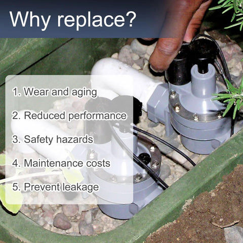 Aulpq replacement valve diaphragm; two gray sprinkler valve bodies with wires in a garden bed.