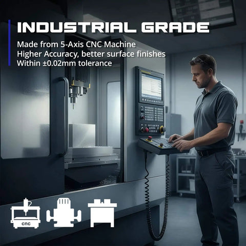 Man operating 5-axis CNC machine for industrial-grade milling within ±0.02mm tolerance