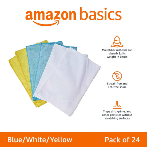 Ultra Soft Microfiber Cleaning Cloths For Car Detailing Pack Of 24 Clean Without Scratch Lint Free Streak Free Absorbent Non Abrasive Reusable And Washable In Blue White Yellow By Amazon Basics displayed in a 24-pack.