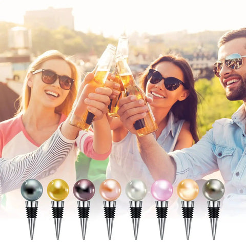 8 Piece Metal Bottle Stopper Kit With Stainless Steel Inserts Reusable Wine Saver For Weddings And Parties displayed in front of people holding bottles.