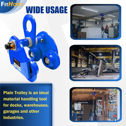 Image showing a Manually Operated 1 Ton Push Beam Trolley For Beams With 2200 Lbs Capacity Steel Construction Adjustable I Beam Flange Width 3 To 5 Inches Four Wheel Plain Trolley Crane For Safe Horizontal Load Transport, highlighting wide usage in different industrial settings.