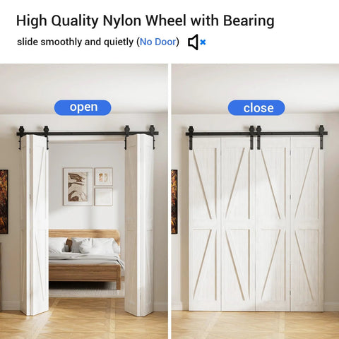 72-Inch Bi-Folding Sliding Barn Door Hardware Kit For 4 Doors, Ultra Smooth Quiet Operation, installed open and closed views