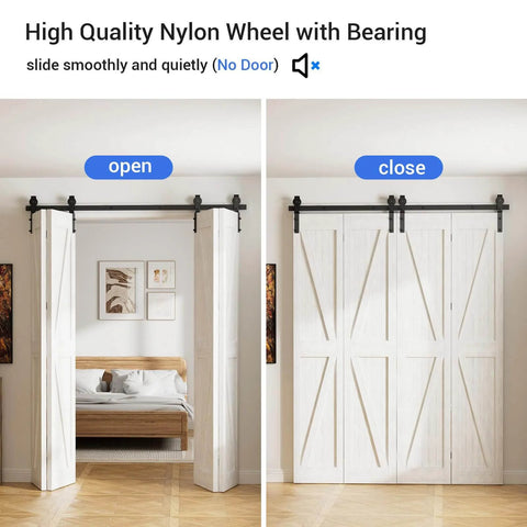Bi Folding Sliding Barn Door Hardware Kit For Four Doors, 48 Inch Black Track With J Shape Rollers installed