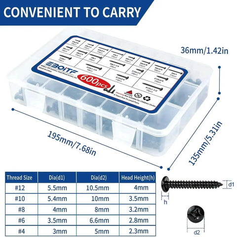 600 Piece Stainless Steel Wood And Sheet Metal Screws Set With 18 Sizes Self Tapping Phillips Pan Head Coarse Thread For Wood And Metal Projects From Three Eighths Inch To One And One Half Inch Rust Resistant in a clear plastic organizer box showing dimensions and thread size chart.