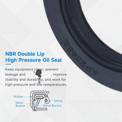 Close-up of high pressure radial shaft seal with TCN type design and NBR lip for hydraulic pumps and excavators, AP2388E marking.