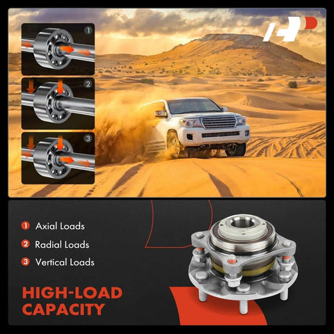 Two Front Wheel Bearing And Hub Assembly Set 6 Lug For Toyota Tacoma 2005 2015 2016 2023 4Runner 2003 2023 FJ Cruiser 2007 2014 Heavy Duty Beefy Front Hubs And Bearings For RWD And 4WD Trucks showcasing high-load capacity with axial, radial, and vertical load support.