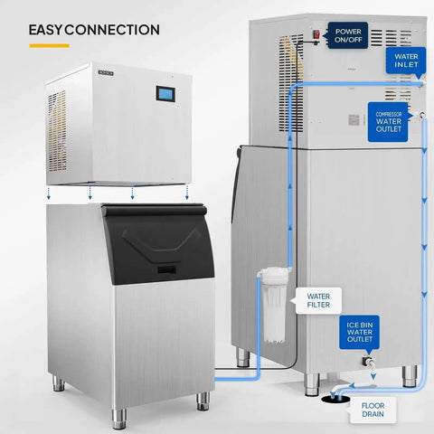 Industrial 550 Lbs Per Day Commercial Ice Maker With 300 Lbs Storage Bin, LCD Touch Control Panel, Automatic Cleaning