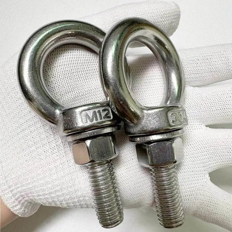 Beefy Heavy Duty M12 Eye Bolt Set, 304 Stainless Steel Shoulder Eyebolts With Nuts And Flat Washers, close-up on hand