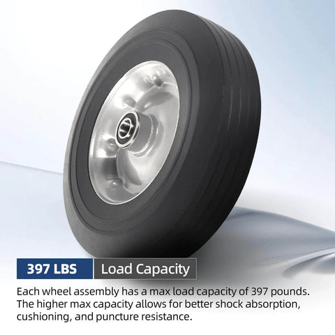 Two Pack 10 Inch By Two Point Five Inch Flat Free Solid Rubber Replacement Tires And Wheels For Hand Trucks And Wheelbarrows With Five Eighth Inch Axles No More Flats Keeps Your Gear Rolling Smoothly And Ready For Any Job, close-up of tire showing load capacity 397 lbs