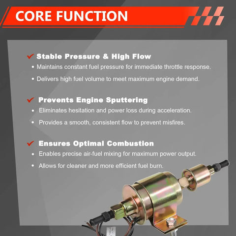 High Performance 12V Inline Fuel Pump For Gasoline And Diesel Engines With 5 To 9 PSI And 30 GPH shown in packaging with features listed.